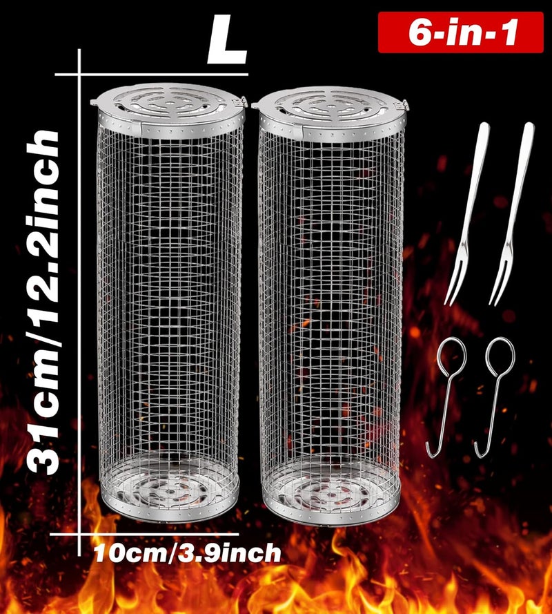 AUCMA Rolling Grilling Baskets for Outdoor Grill Bbq Net Tube Must Have Large Round Mesh Barbecue Cylinder Cage Essentials Gadgets Cooking Accessories for Picnic Veggies Vegetable Fish Meat, Gift for Men - Image 2